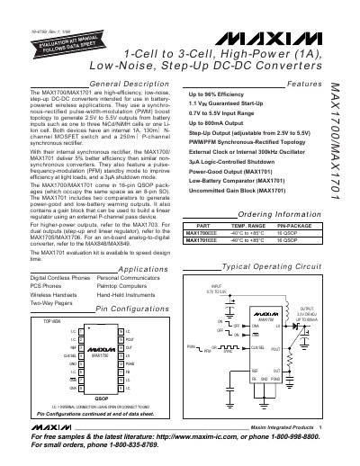 Maxim MAX1700/MAX1701 Step-Up DC-DC Converter Datasheet - cover page