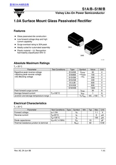 VISHAY S1A/B S1M/B Vishay Lite On Power Semiconductor Rev. A2 24-Jun-98 1 (4) 1.0A Surface Mount Glass Passivated Rectifier handbook - cover page