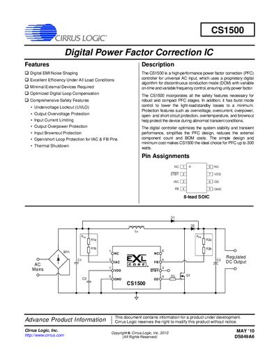 Cirrus Logic CS1500 Digital Power Factor Correction IC Datasheet - cover page
