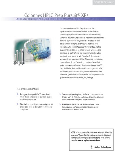 Agilent Pursuit XRs Prep LC Columns Product Leaflet - cover page