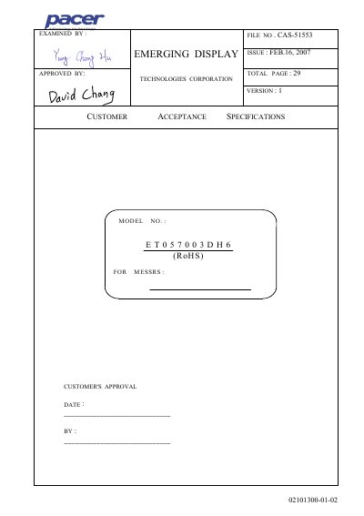 Emerging Display ET057003DH6 LCD Module Customer Acceptance Specifications - cover page