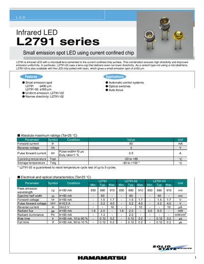Hamamatsu L2791 Series Infrared LED Datasheet - cover page