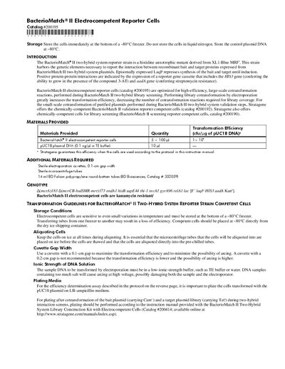 STRATAGENE BacterioMatch II Electrocompetent Reporter Cells - cover page