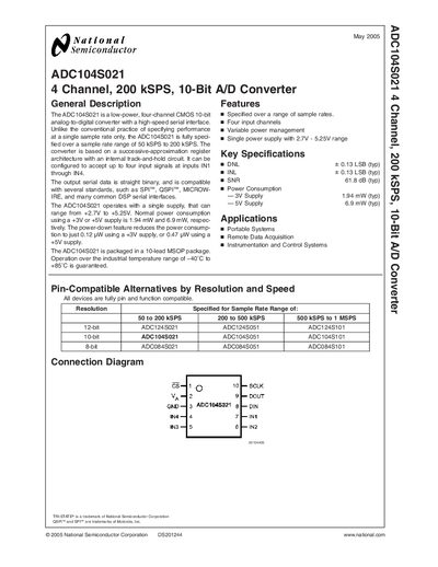 NATIONAL SEMICONDUCTOR - ADC104S021 4 Channel 200 kSPS 10-Bit A/D Converter handbook - cover page