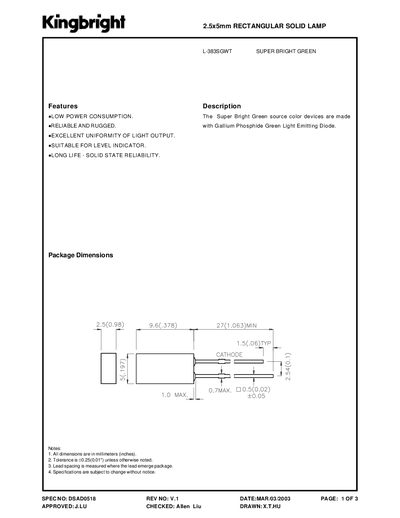 KINGBRIGHT 2.5x5mm RECTANGULAR SOLID LAMP L-383SGWT  - cover page