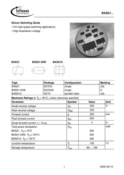 Infineon BAS21 Silicon Switching Diode Datasheet - cover page