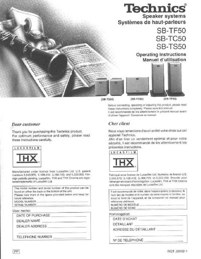 Technics SB-TF50/TC50/TS50 Speaker Systems Operating Instructions - cover page
