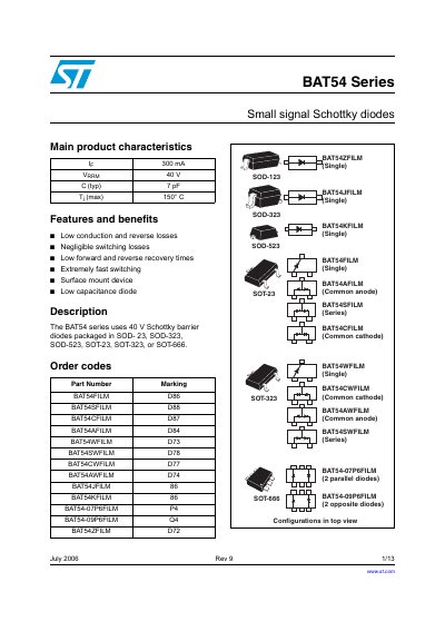 STMicroelectronics BAT54 Small Signal Schottky Diode Datasheet - cover page
