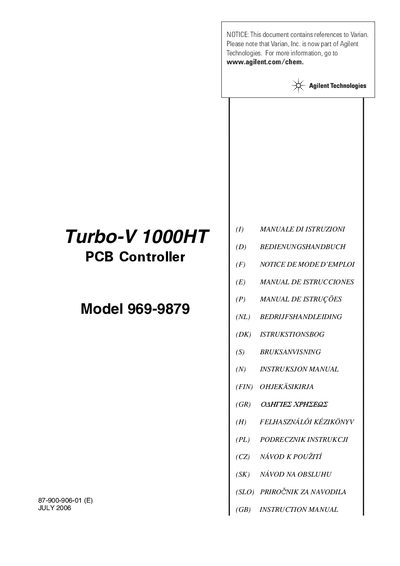 Agilent Turbo-V 1000HT PCB Controller Model 969-9879 User Manual - cover page