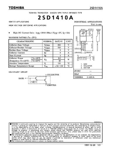 Toshiba 2SD1410A Transistor Datasheet - cover page