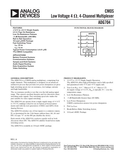 Analog Devices ADG704 Datasheet Rev A - cover page