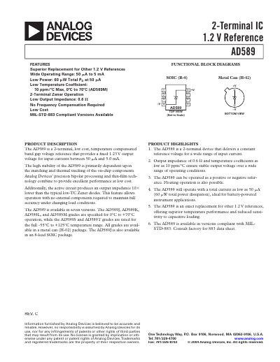 Analog Devices AD589 2-Terminal Voltage Reference Datasheet