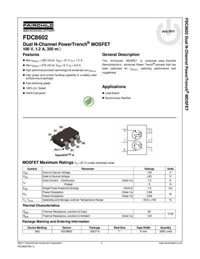 Fairchild FDC8602 Dual N-Channel PowerTrench MOSFET Datasheet - cover page