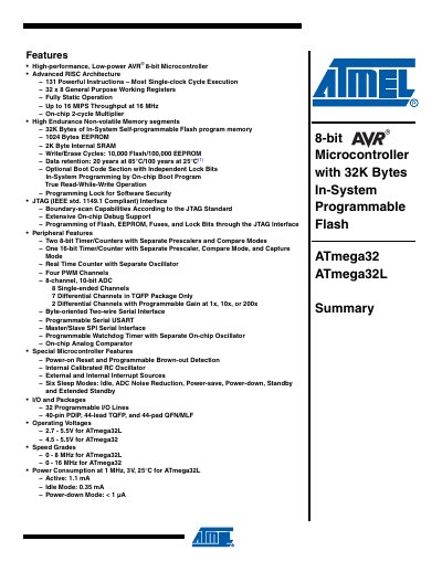 ATMEL - 8-bit Microcontroller with 32K Bytes In-System Programmable Flash ATmega32 ATmega32L handbook - cover page