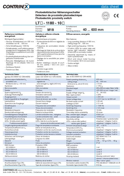 Contrinex LTO-1180-100 Photoelectric Proximity Switch Datasheet - cover page