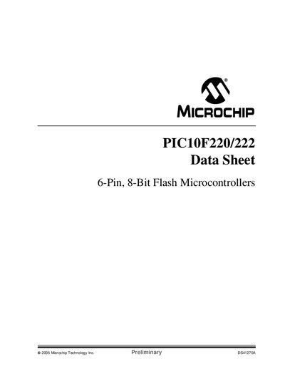 Microchip PIC10F220/222 6-Pin 8-Bit Flash Microcontrollers Data Sheet - cover page