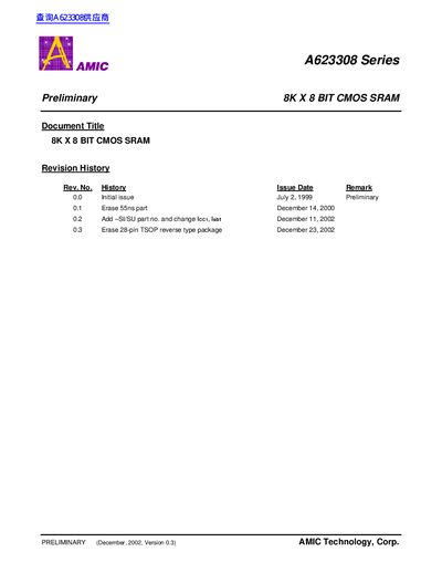 AMIC A623308 Series 8K x 8 Bit CMOS SRAM Datasheet - cover page