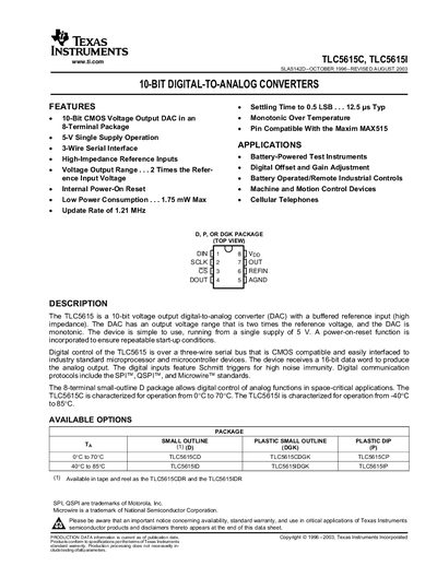 TEXAS INSTRUMENTS TLC5615C TLC5615I 10-BIT DIGITAL-TO-ANALOG CONVERTERS Manual - cover page