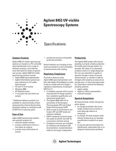 Agilent 8453 UV-visible Spectroscopy Systems Product Leaflet - cover page