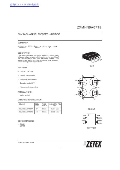 ZETEX 60V N-CHANNEL MOSFET H-BRIDGE ZXMHC6A07T8 handbook - cover page