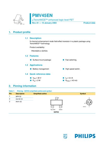 Philips PMV45EN Datasheet - cover page
