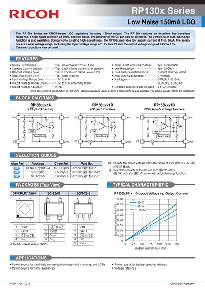 Ricoh RP130x Series Low Noise 150mA LDO Datasheet - cover page