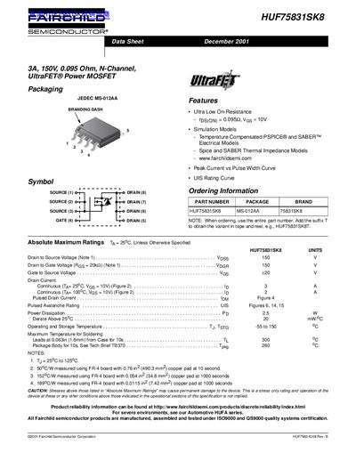 Fairchild Semiconductor HUF75831SK8 Power MOSFET Datasheet - cover page