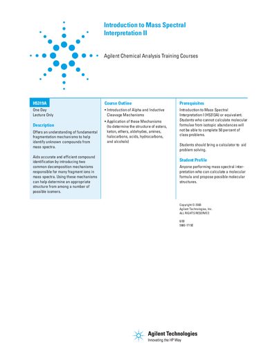 Agilent H5319A Introduction to Mass Spectral Interpretation II Training Course Description - cover page
