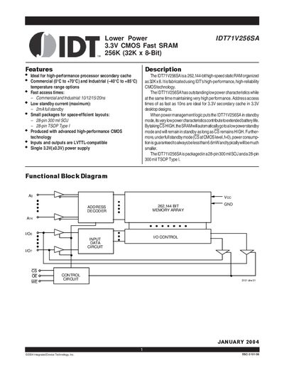 Integrated Device Technology IDT71V256SA 3.3V CMOS Static RAM Datasheet - cover page