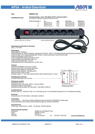 APSA D6000S/n-2S Power Strip Datasheet - cover page