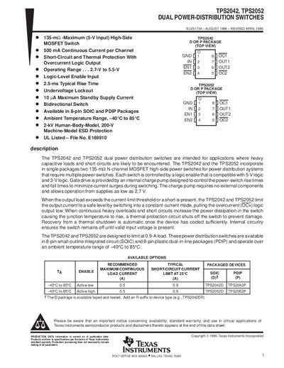 Texas Instruments TPS2042/TPS2052 Dual Power-Distribution Switches Datasheet - cover page