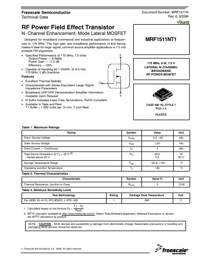 Freescale MRF1511NT1 RF Power MOSFET Data Sheet
