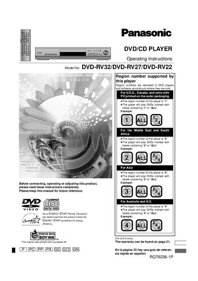 Panasonic DVD-RV32/DVD-RV27/DVD-RV22 DVD/CD Player User Manual - cover page