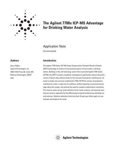Agilent 7700x ICP-MS Application Note for Drinking Water Analysis - cover page
