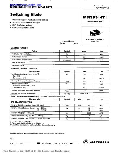 Motorola MMSD914T1 Switching Diode Datasheet - cover page
