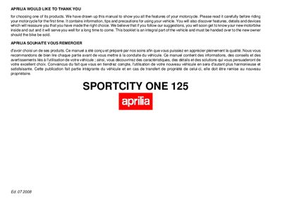 aprilia 854087 Sportcity One 125 USA-CDN MY 2008 Manual