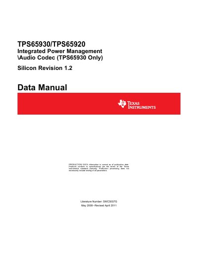 Texas Instruments TPS65930/TPS65920 Integrated Power Management Datasheet - cover page