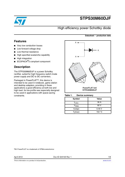 STMicroelectronics STPS30M60DJF Power Schottky Diode Datasheet