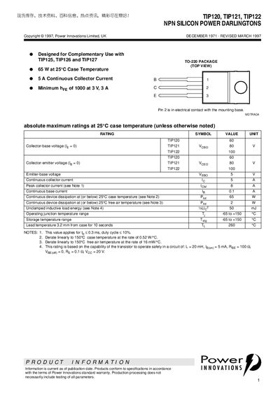 Power Innovations TIP120/TIP121/TIP122 NPN Silicon Power Darlington Transistor Datasheet - cover page