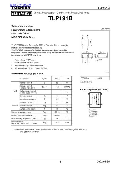 Toshiba TLP191B Photocoupler Datasheet - cover page