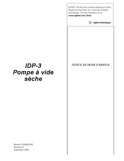 Agilent IDP-3 Dry Scroll Vacuum Pump User Manual - cover page