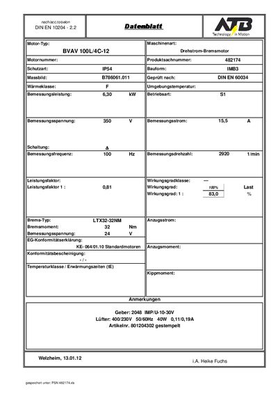 ATB BVAV 100L/4C-12 Three-Phase Brake Motor Datasheet - cover page