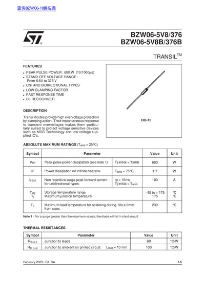 STMicroelectronics BZW06-5V8/376 BZW06-5V8B/376B Transil Diode Datasheet - cover page