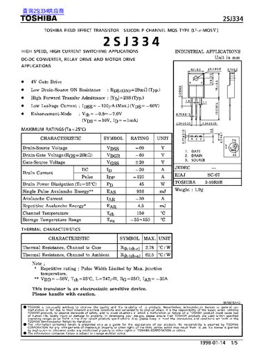 TOSHIBA 2SJ334 Field Effect Transistor Datasheet - cover page