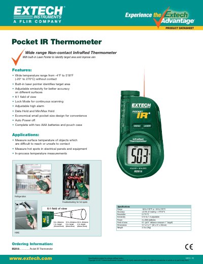 EXTECH IR201A Pocket IR Thermometer Product Datasheet - cover page