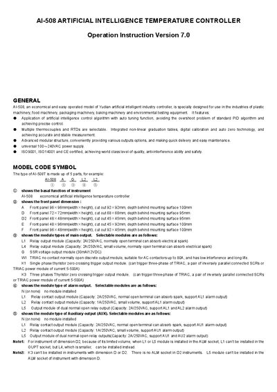 AI-508 ARTIFICIAL INTELLIGENCE TEMPERATURE CONTROLLER operating installation Manual - cover page