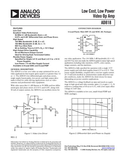 Analog Devices AD818 Video Op Amp Datasheet - cover page