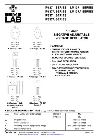 SEME LAB IP137A SERIES IP137A SERIES IP337A SERIES IP337A SERIES LM137A SERIES LM137A SERIES Manual - cover page