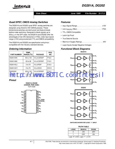 Intersil DG201A/DG202 Datasheet - cover page