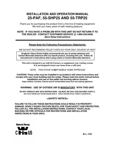 England's Stove Works 25-PAF 55-SHP25 55-TRP25 Installation and Operation Manual - cover page